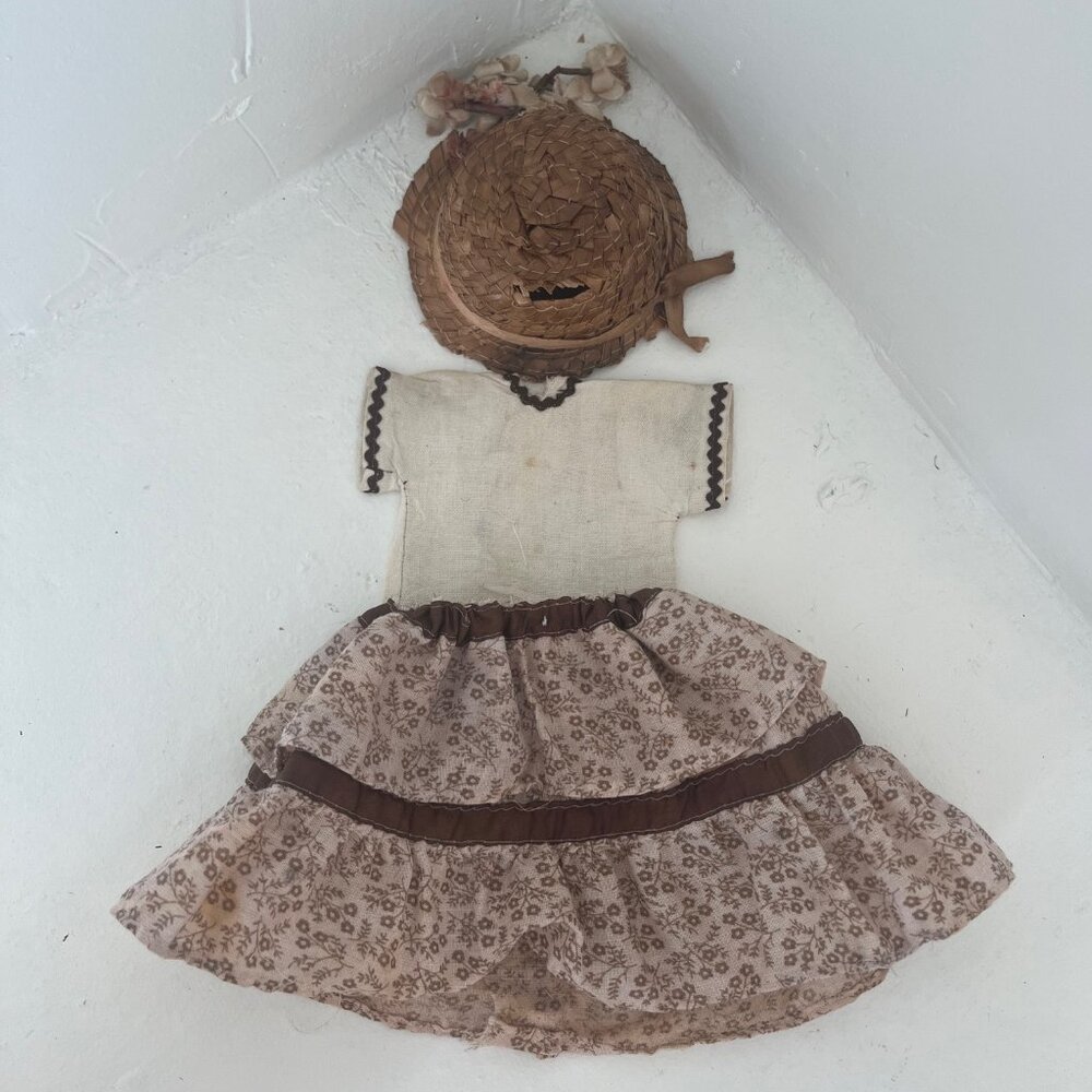 Vintage Doll Outfit Skirt & Jacket Vest & Farmer Hat w/ Flowers Beige & Brown - Picture 2 of 11